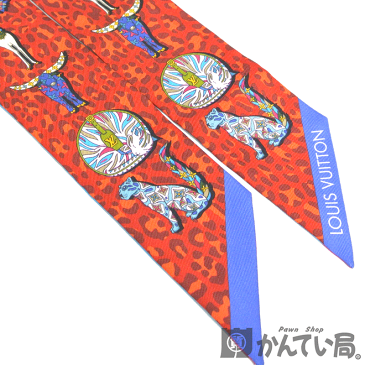 LOUIS VUITTON【ルイ ヴィトン】バンドーBB LVベスティアリ ツイリー リボン スカーフ アニマル レオパード モノグラム リバーシブル レッド ブルー シルク【中古】【USED-AB】【質屋かんてい局名古屋西店】