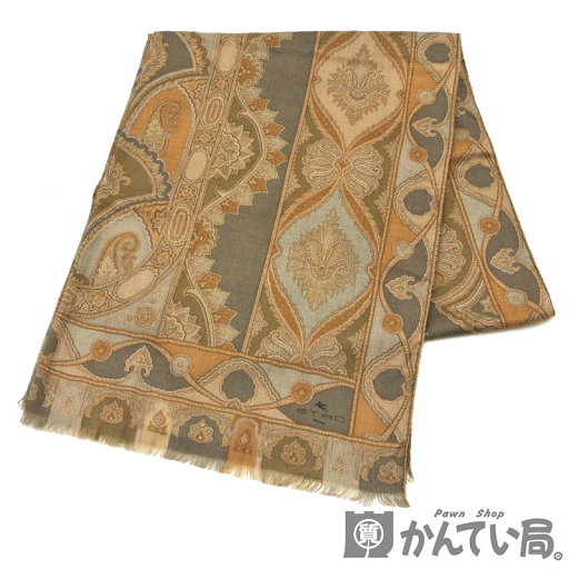 ETRO【エトロ】ストール ショール スカーフ マフラー ペイズリー 総柄 カシミア シルク カーキー系 160×60 大判【中古】 ETRO【エトロ】ストール ショール スカーフ マフラー ペイズリー 総柄 カシミア シルク カーキー系 160×60 大判【中古】