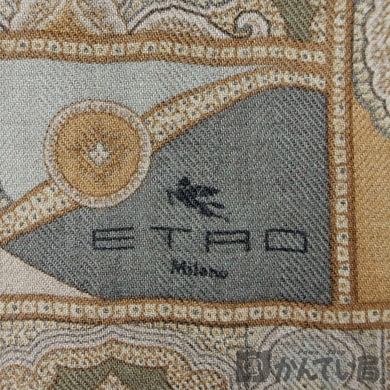 ETRO【エトロ】ストール ショール スカーフ マフラー ペイズリー 総柄 カシミア シルク カーキー系 160×60 大判【中古】