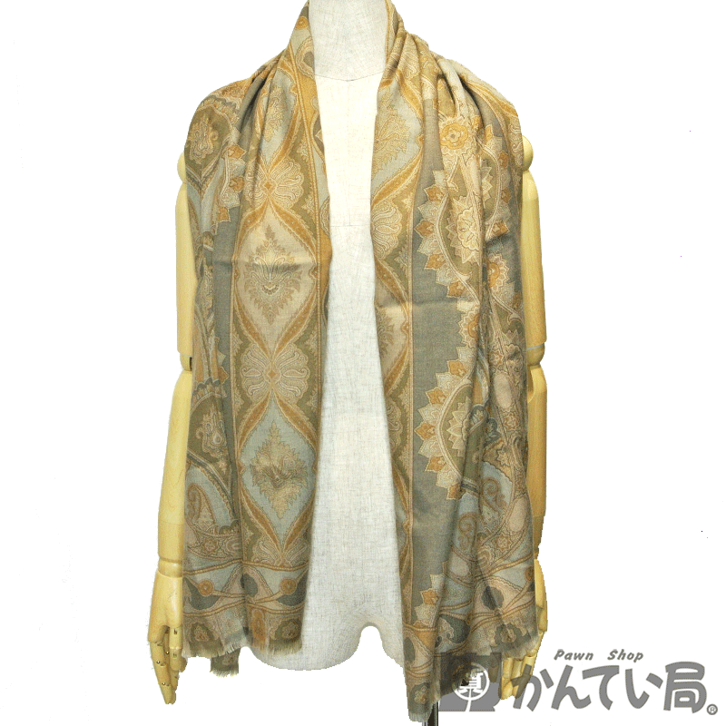 ETRO【エトロ】ストール ショール スカーフ マフラー ペイズリー 総柄 カシミア シルク カーキー系 160×60 大判【中古】