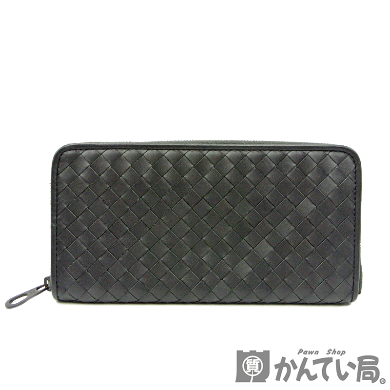 ボッテガヴェネタ 財布（メンズ） BOTTEGA VENETA【ボッテガ・ヴェネタ】114076 イントレチャート 長財布 ラウンドファスナー ダークグレー ブラック系 ウォレット メンズ レディース【極美品】USED-SA【かんてい局名古屋西店】