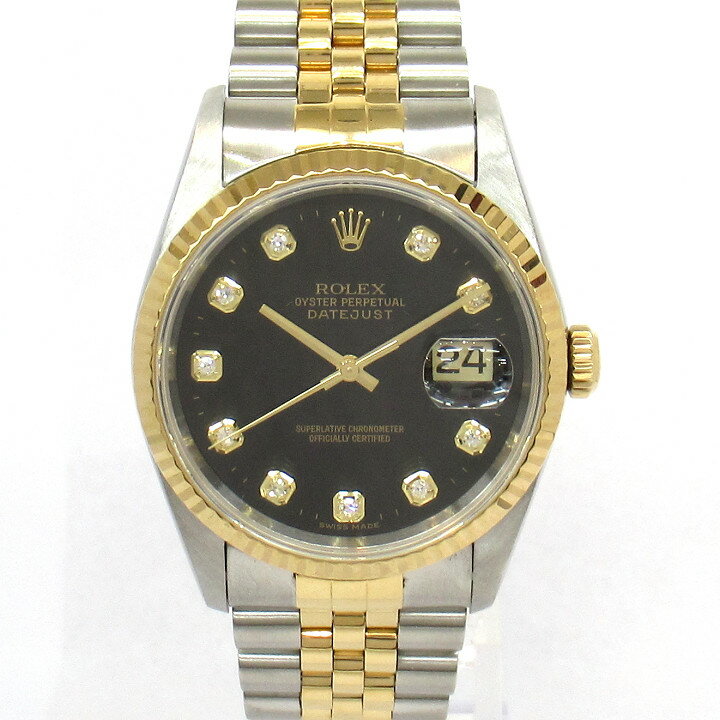 メンズ時計【中古】　ROLEX　ロレックス　デイトジャスト　10Pダイヤ　ブラック　16233G　T番（1996年頃）　黒文字盤　オーバーホール済み　新品仕上げ済み【楽ギフ_包装選択】