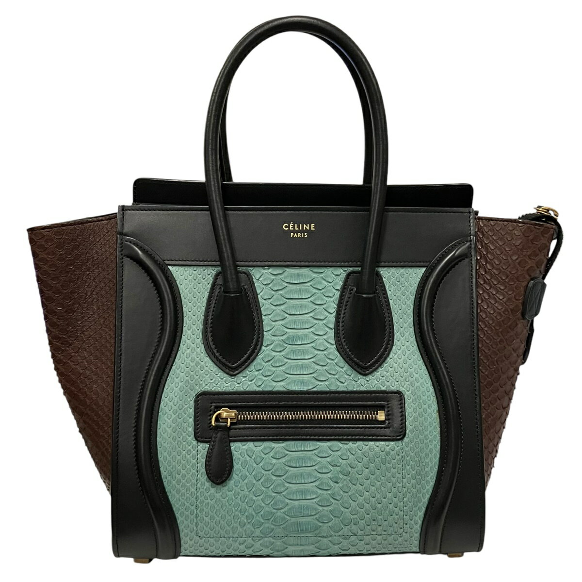 【中古】|CELINE セリーヌ マイクロショッパートート ラゲージ ハンドバッグ パイソン レザー グリーン ブラウン ブラック トートバッグ レディース