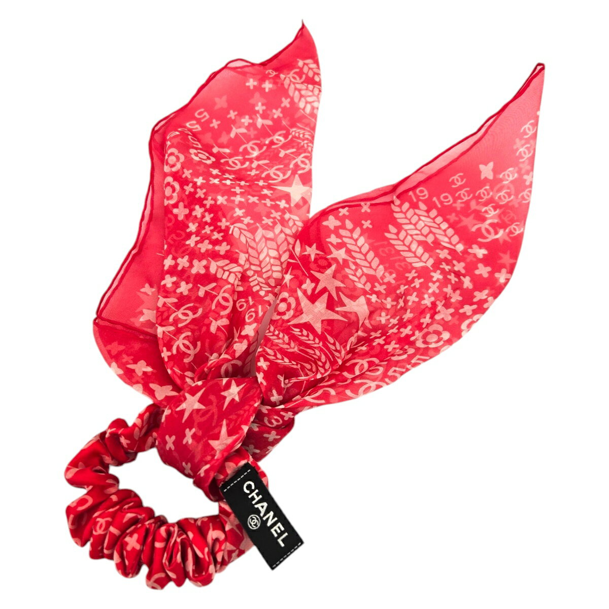 【中古】|CHANEL シャネル ココマーク リボン シュシュ レッド シルク オーガンジー ヘアゴム ヘアアクセサリー レディース