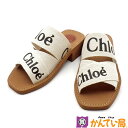 Chloe クロエ CHC22U550Z3101 Woody ヒールミュール サンダル スリップオン サイズ36W(23cm相当)リネン ラバーソール ホワイト ブラウン レディース ロゴ B25-1695
