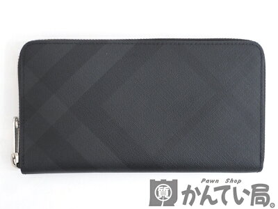 【USED-AB】BURBERRY バーバリー 80144801 ロンドンチェック&レザー ラウンドジップウォレット 長財布 ラウンドファスナー ダークチャコール 久安店 A23-2652H