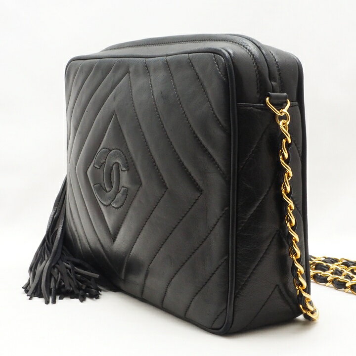 【USED-B】CHANEL シャネル　チェーン ショルダーバッグ　ダイヤステッチ　タッセルチャーム　ラムスキン　ブラック　黒　ゴールド　ココマーク　フリンジ　タッセル　箱・ギャラ付き　※シリアルシール無し　質屋　かんてい局金沢久安店　21-4036H