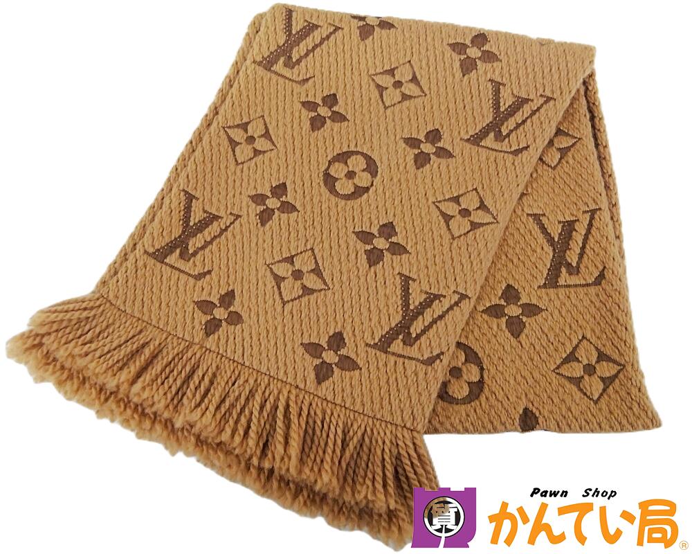 LOUIS VUITTON ルイヴィトン 413287 エシャルプ ロゴマニア マフラー モノグラム キャメル×ブラウン ウール94% シルク6% シルク混ウール フリンジ仕上げ シグネチャー レディース 中古 B25-174