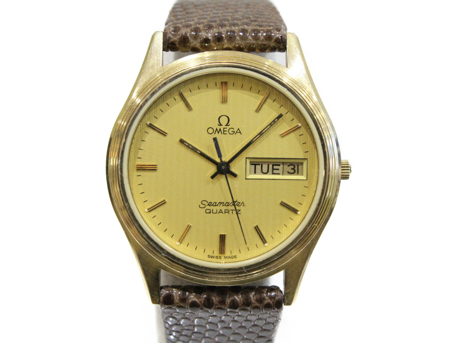 【アンティーク】OMEGA　オメガ　シーマスター　デイデイト　クオーツ　イエローゴールド　革ベルト　ゴールド　ブラウン　メンズ　腕時計【中古】