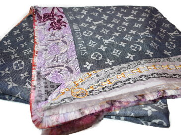 【箱有り☆】LOUIS VITTON ショール・モノグラム M76158  ネイビー系シルク60% ウール40% トリミング部分シルク100% メンズ レディース ユニセックス ストール おしゃれ 人気