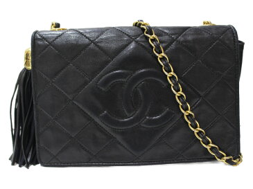 【ギャラあり】CHANEL　フリンジチェーンショルダーバッグ　レザー　ブラック　ゴールド金具　ショルダーバッグ　タッセル　レディース　ヴィンテージ　シンプル　ギフト　プレゼント包装可　【中古】　松前R56号店