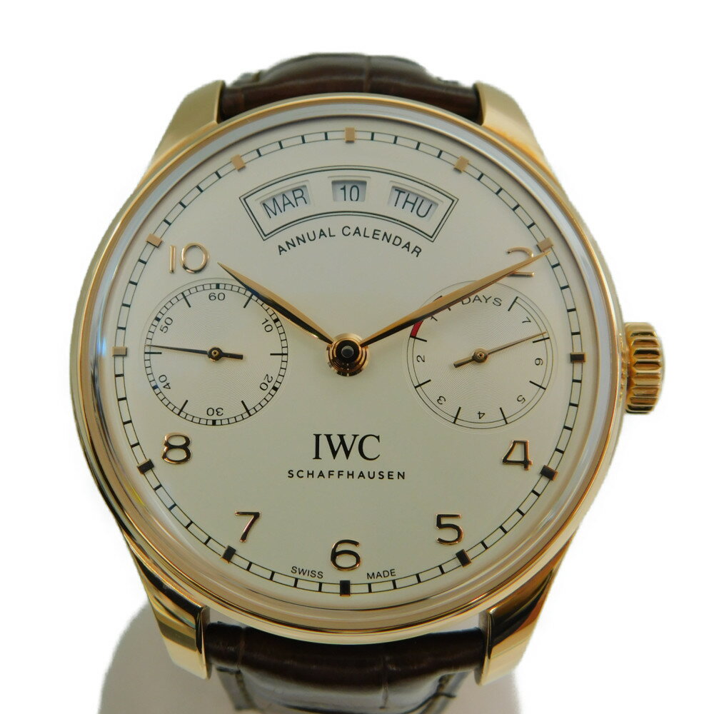 IWC　アイダブリュシー　ポルトギーゼ アニュアルカレンダー　IW503504　自動巻き　18K レッドゴールド　革ベルト　ブラウン　ブラック　シースルーバック　裏スケ　7日間パワーリザーブ　高級　人気　インター　メンズ　腕時計【中古】