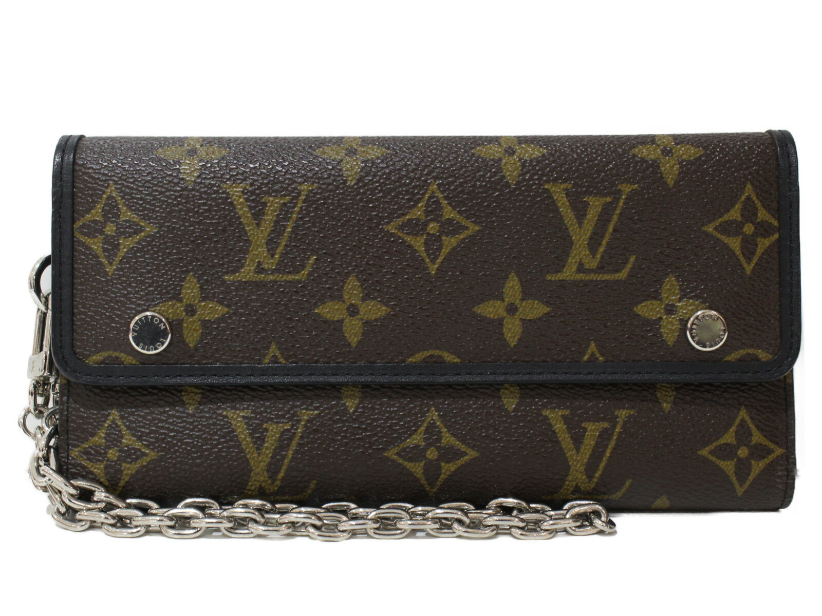 【箱・布袋あり】LOUIS VUITTON　ルイヴィトン　ポルトフォイユ・ロン　M60168　三つ折長財布　チェーン付き　モノグラム・マカサー　ブラウン×ブラック　イニシャル入り　メンズ　ギフト　プレゼント包装可【中古】松前R56号店