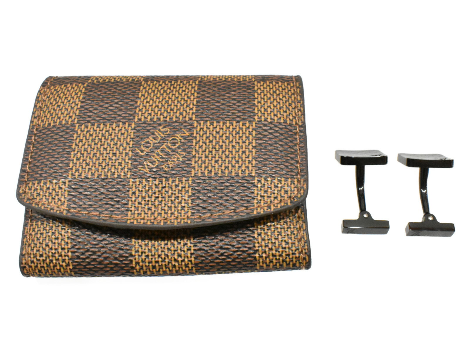 【セット商品】 LOUISVUITTONブトンドゥマンシェット・シャンゼリゼ カフス M65044 ダミエエベヌ/ブラウン系、ブラック系 ポーチ:コーティング...