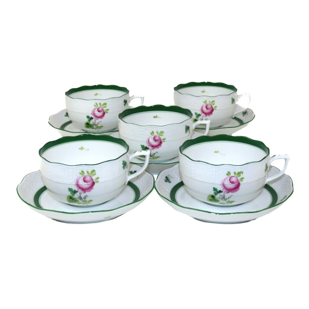 HEREND ヘレンド ウィーンの薔薇 724 ティーカップ&ソーサー5客セット グリーン系 お祝い プレゼント インテリア 飾り 置物 食器 コップ【中古】 ...