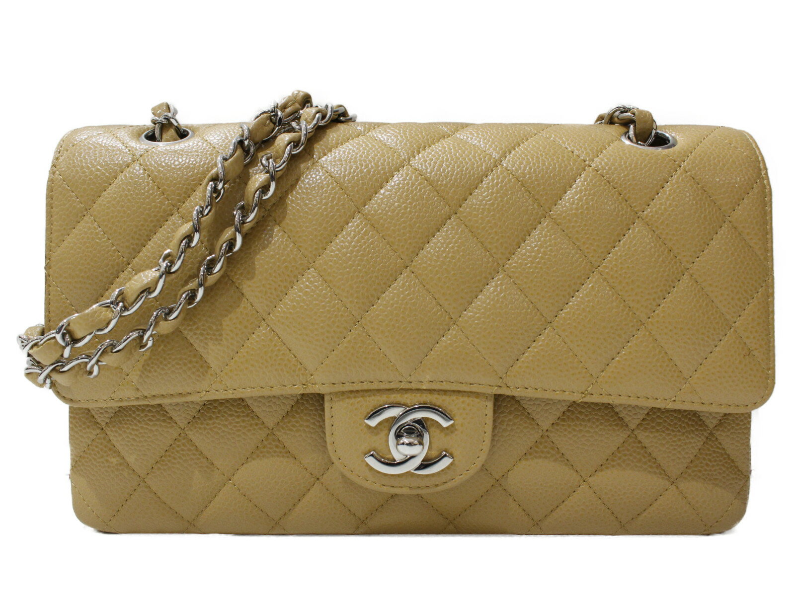 CHANEL シャネル Wフラップチェーンショルダーバッグ A01112 マトラッセ キャビアスキン ベージュ系 シルバー金具 レディース ギフト プレゼント包装可【中古】松山朝生田店