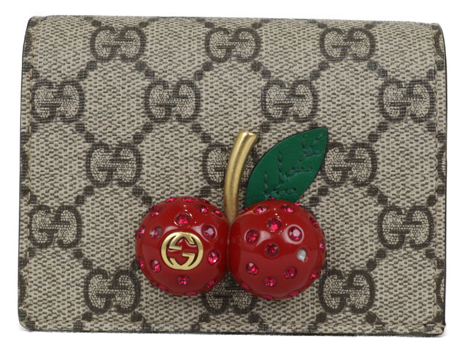 GUCCI グッチ チェリー付き GGスプリーム キャンバス カードケース 476050 2つ折り財布 コンパクトウォレット サクランボ ベージュ系 クリスタル取れあり シンプル レディース ギフト プレゼント包装可【中古】松前R56号店