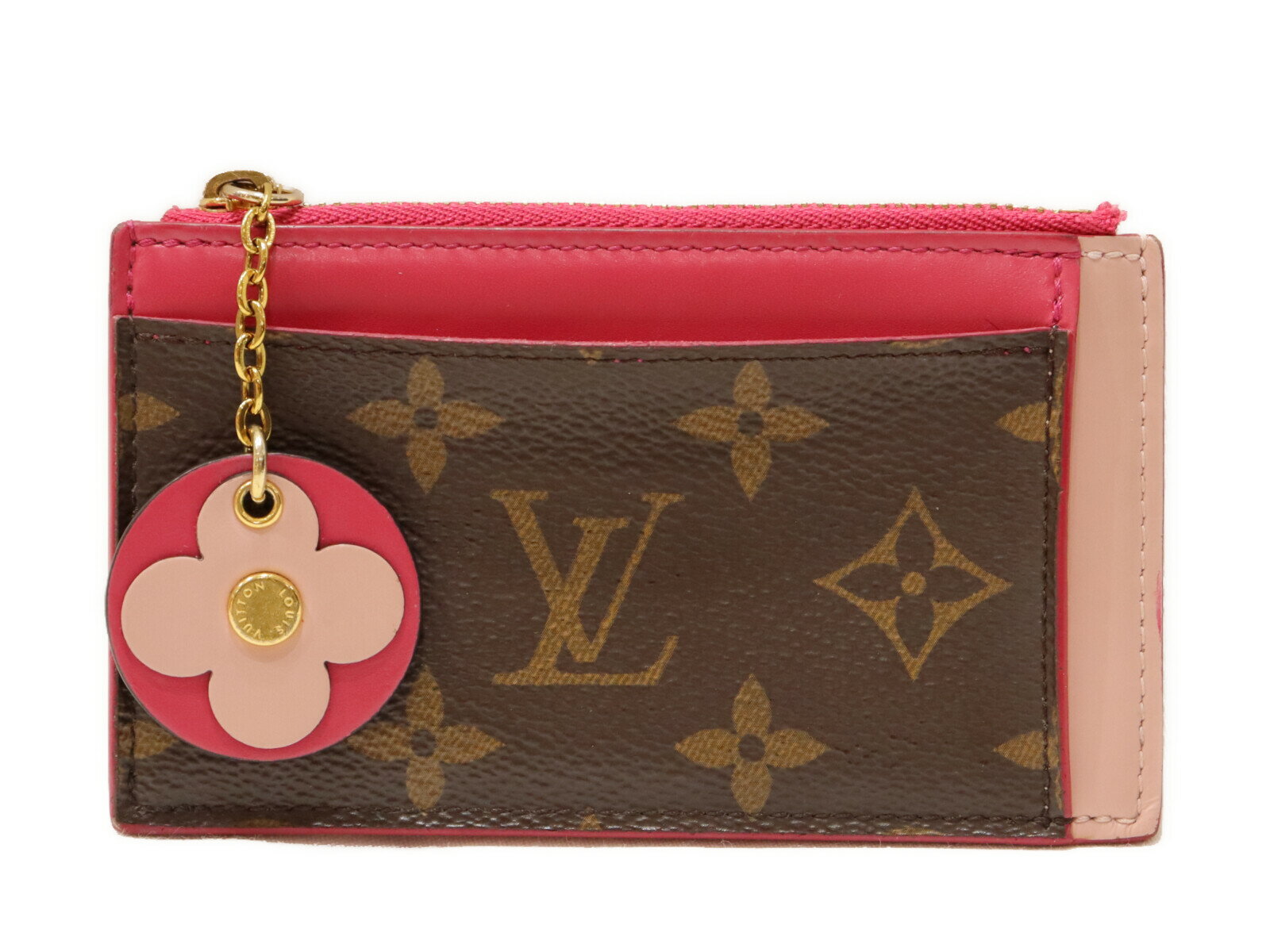 LOUIS VUITTON ルイ・ヴィトン ポルトカルト・ジップ M67494 モノグラムキャンバス×レザー ブラウン×ピンク フラワー コインケース カードケース 名刺入れ 小銭入れ 小物 レディース ギフト プレゼント包装可 【中古】 松山朝生田店