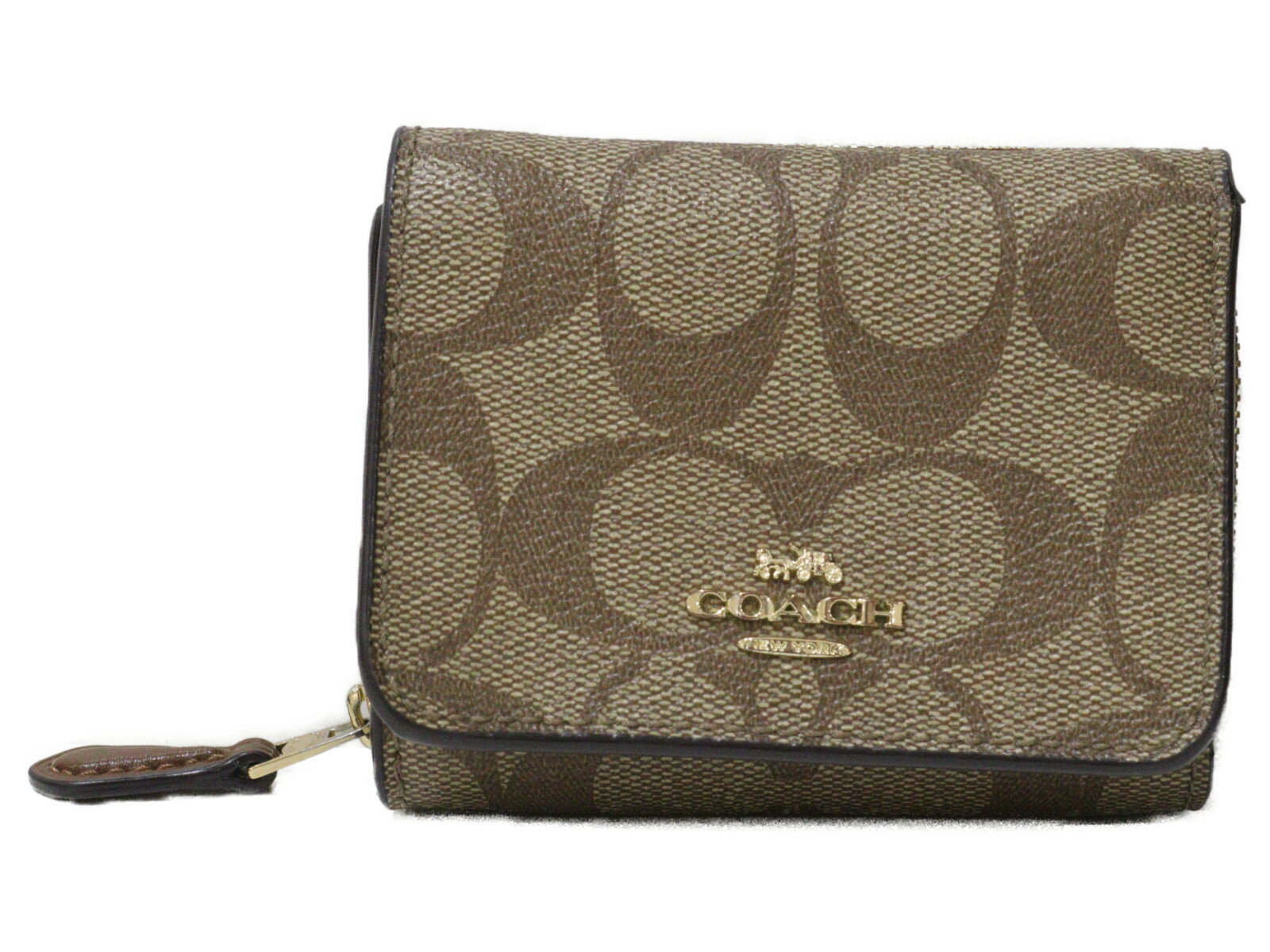 COACH コーチ コンパクトウォレット 三つ折り財布 F41302 シグネチャー ブラウン PVCコーティングキャンバス レディース ギフト プレゼント包装可【中古】松前R56号店