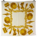 CHANEL シャネル スカーフ ホワイト×イエロー アクセサリーモチーフ バッグ 帽子 リボン ネクタイ シルク 100% レディース メンズ ユニセックス ...