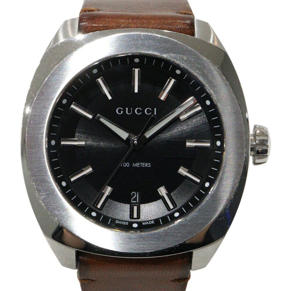 GUCCI グッチ GG2570 YA142207 クオーツ デイト SS レザー ブラック ブラウン メンズ レディース ユニセックス 腕時計 ウォッチ プレゼント包装 ギフト【中古】松山朝生田店
