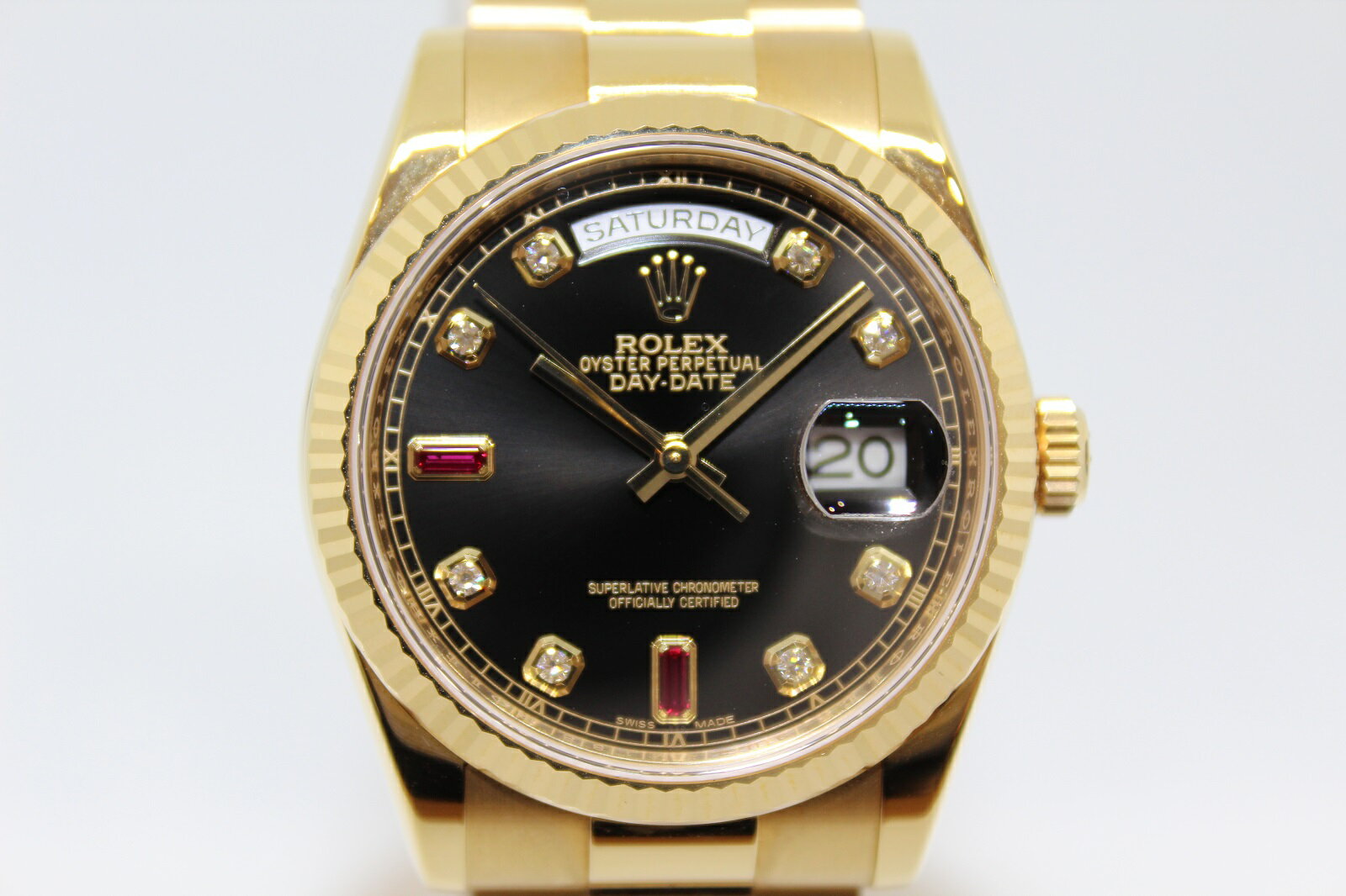 ROLEX　ロレックス　デイデイト　118238A　8Pダイヤ　ルビー　K18　イエローゴールド　ブラック　メンズ　腕時計【中古】