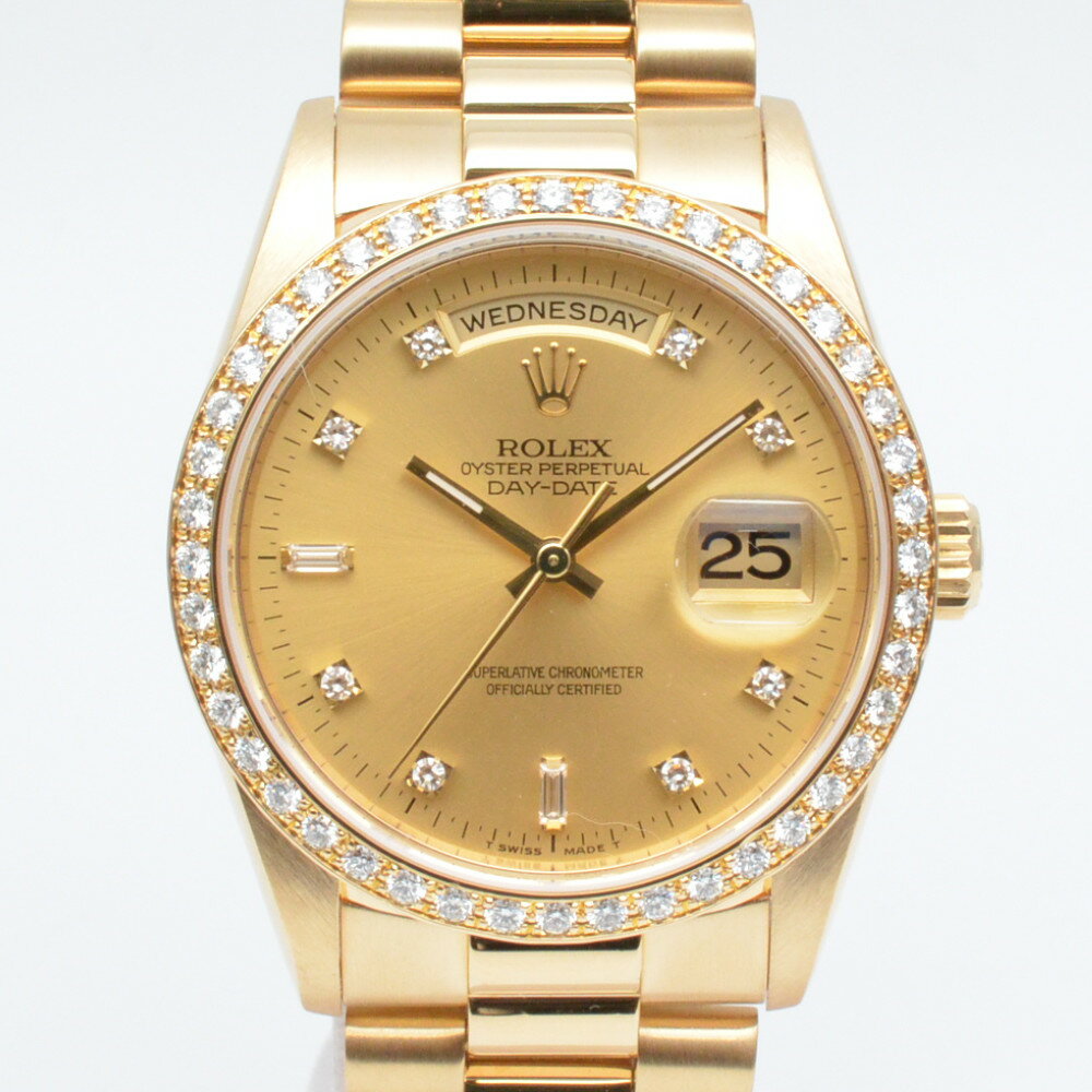 ROLEX　ロレックス　18348A　デイデイト　W番　1994〜1995年頃　自動巻き　K18YG　イエローゴールド　金無垢　シャンパン文字盤　8Pウラウンド/2Pバゲットダイヤ　2023年1月OH・外装仕上げ済み　メンズ　腕時計　【中古】