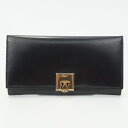 FERRAGAMO　フェラガモ　ガンチーニ長財布　ブラック×ゴールド金具　黒　かぶせ蓋　レザー財布　レディース財布　【中古】