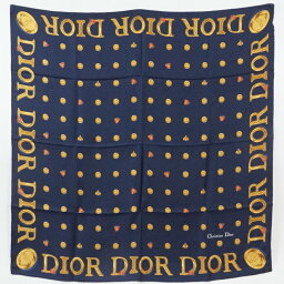 Christiasn Dior　クリスチャンディオール　シルクスカーフ　シルク100％　ネイビー/ゴールド　ボタン/昆虫モチーフ　大判スカーフ　絹　ファッション小物　レディース　【中古】