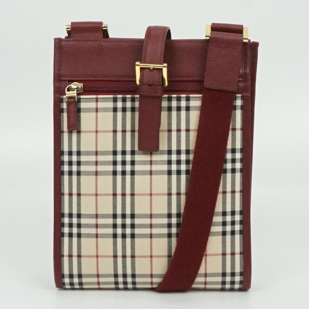 BURBERRY　バーバリー　ショルダーバッグ　ベージュ　レッド　ノバチェック　キャンバス×レザー　肩掛け　斜め掛け　レディース　【中古】