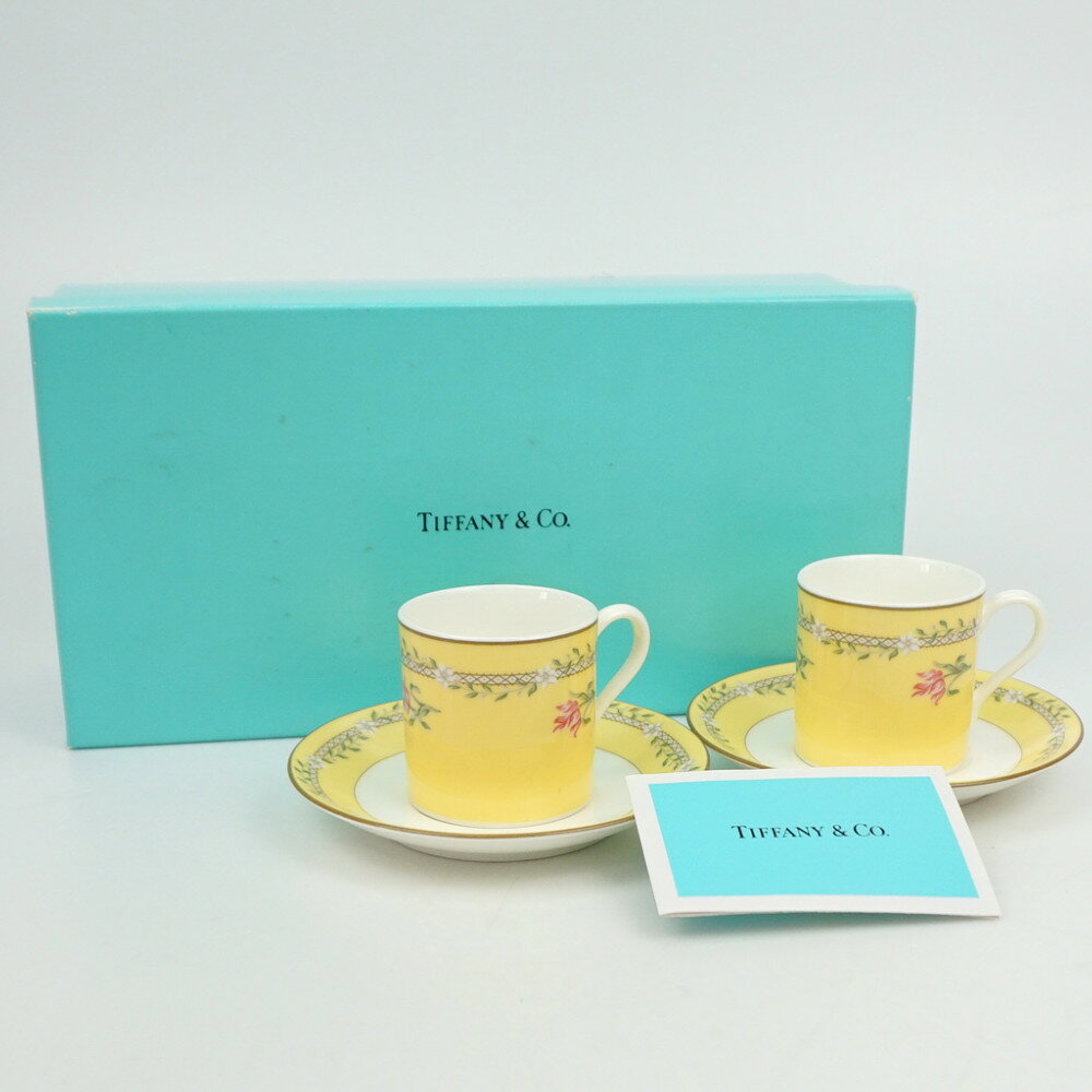 TIFFANY Co ティファニー ピンクチューリップ デミタスカップ＆ソーサー イエロー ホワイト 洋食器 インテリア 【中古】