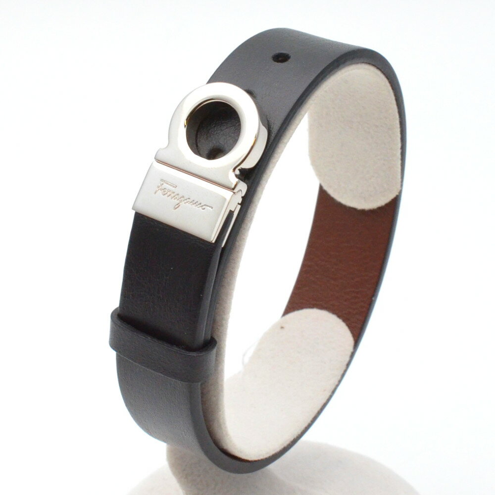 FERRAGAMO フェラガモ ガンチーニ レザーブレスレット ブラック/シルバー バングル アクセサリー ファッション小物 【中古】
