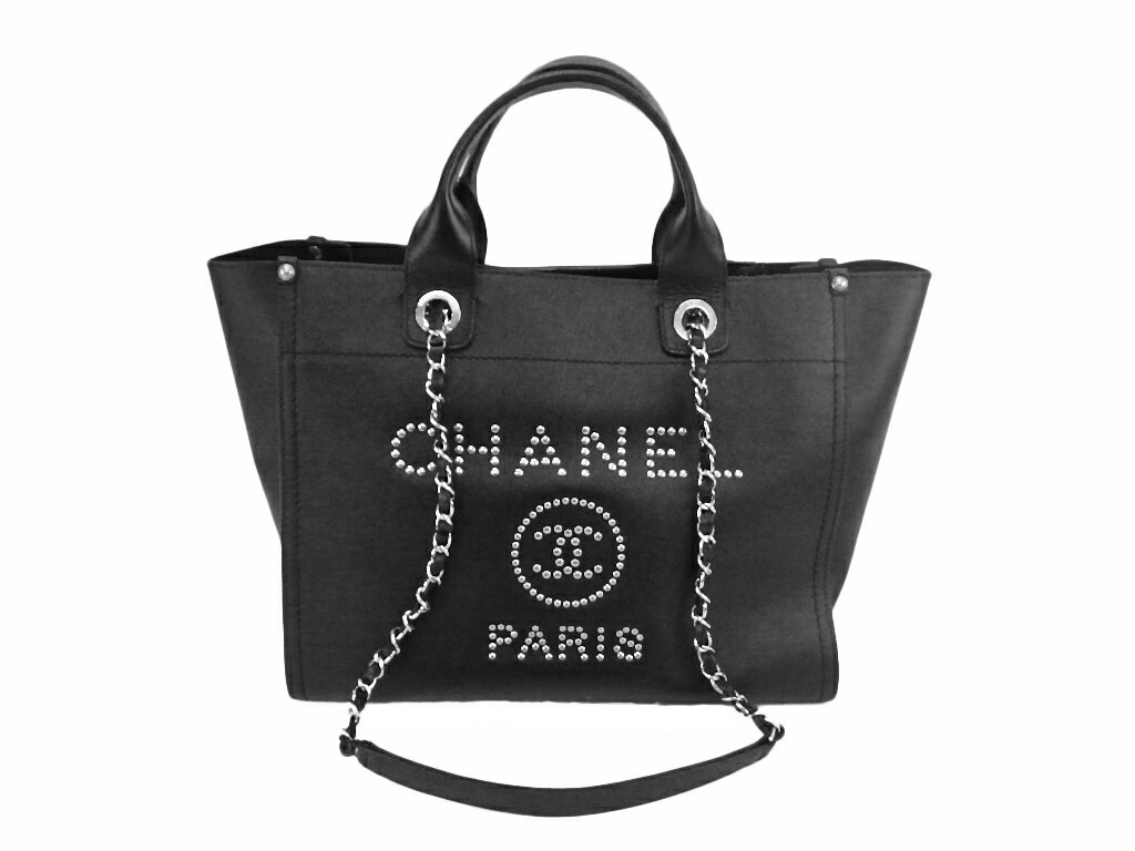 CHANEL シャネル ドーヴィル スタッズ ショッピングバッグ A57067 グレインドカーフレザー キャビアスキン ブラック シルバー金具 チェーンショルダー 2wayバッグ ココマーク【程度AB】【中古】のサムネイル