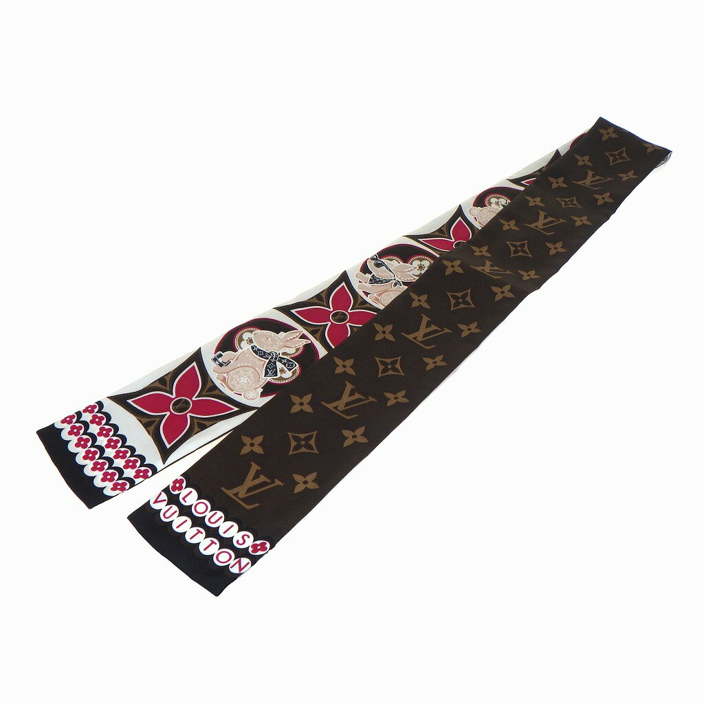 LOUIS VUITTON ルイヴィトン バンドー・プレシャス ラビット M78135 モノグラムフラワー ブラウン×ホワイト×レッド×ピンク 茶 白 赤 シルク100％ 約120×8cm【程度A】【中古】のサムネイル