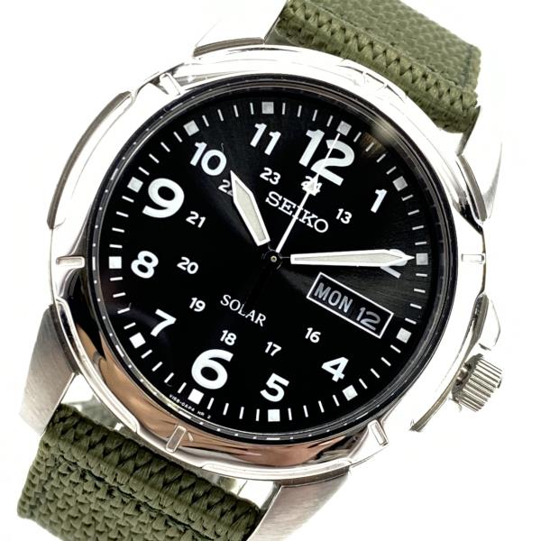 SEIKO セイコー 腕時計 V158-0AD0 ソーラー クオーツ 黒文字盤 アラビア カレンダー デイト 3針 メッシュベルト カーキ メンズ 管理RY21002351