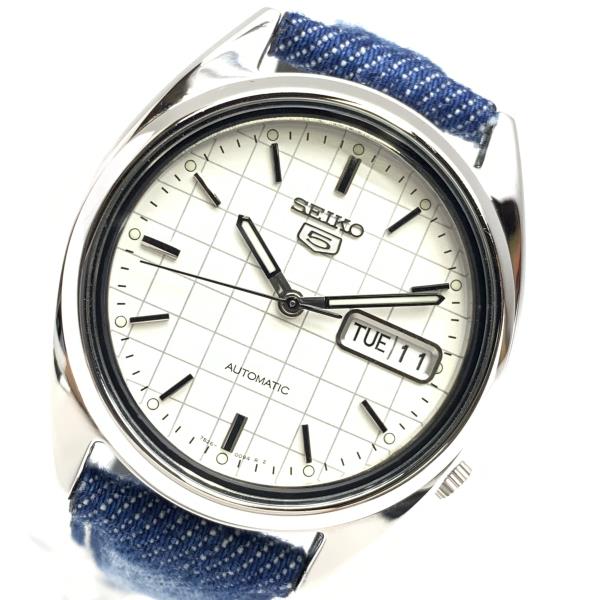 SEIKO セイコー 7S26-0480 セイコー5 メンズ 腕時計 自動巻き 白文字盤 バーインデックス 3針 デイデイト 裏スケ 社外ベルト 管理RY21001811