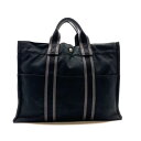 HERMES エルメス フールトゥMM トートバッグ ハンドバッグ コットン キャンバス 黒 ブラック ストライプ 廃盤品 管理RY24004356