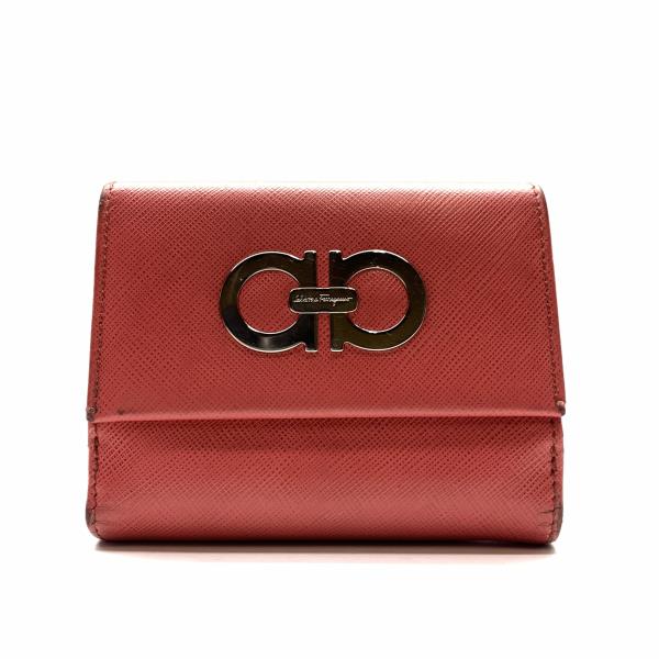 Ferragamo フェラガモ 三つ折り 財布 コンパクトウォレット ガンチーニ コインケース 小銭入れ 赤系 レディース 管理RY25000795