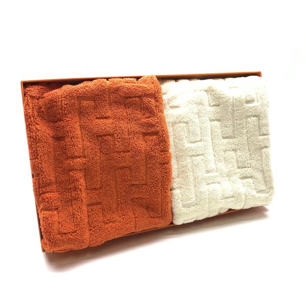 未使用 HERMES エルメス フェイスタオル 2点セット オレンジ ホワイト コットン 綿 雑貨 ギフト レディース メンズ 管理RY25004626