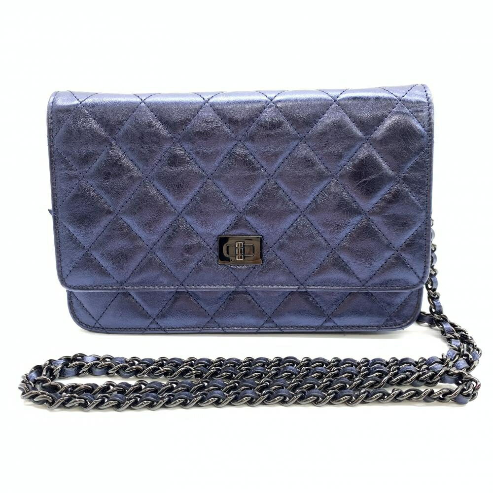 CHANEL シャネル 2.55 チェーンウォレット チェーンショルダーバッグ メタリックブルー ブラックメタル金具 レディース 管理RT32310