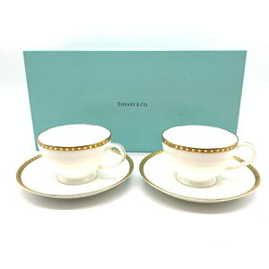 未使用 TIFFANY&Co. ティファニー ペアカップ＆ソーサー ゴールドバンド 金彩 陶器 ホワイト インテリア 食器 ギフト 管理RT32674