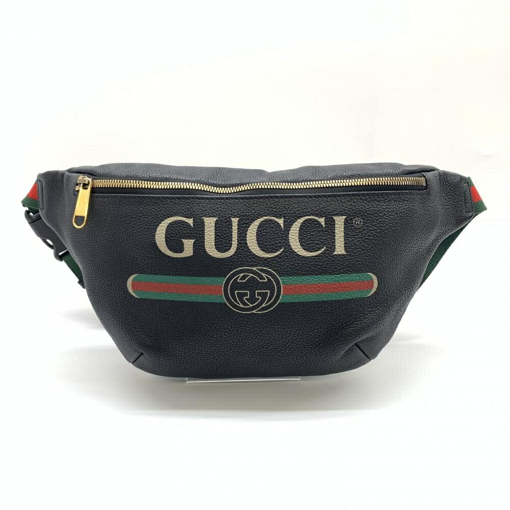 GUCCI グッチ 530412 ヴィンテージロゴ ボディバッグ ショルダー ウエストバッグ レザー ブラック×グリーン×レッド 管理RT36204