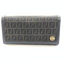 FENDI フェンディ 8M0000 二つ折り長財布 キャンバス レザー ブラック ズッカ柄 ボタン開閉 小銭入れあり ユニセックス 管理HS36965