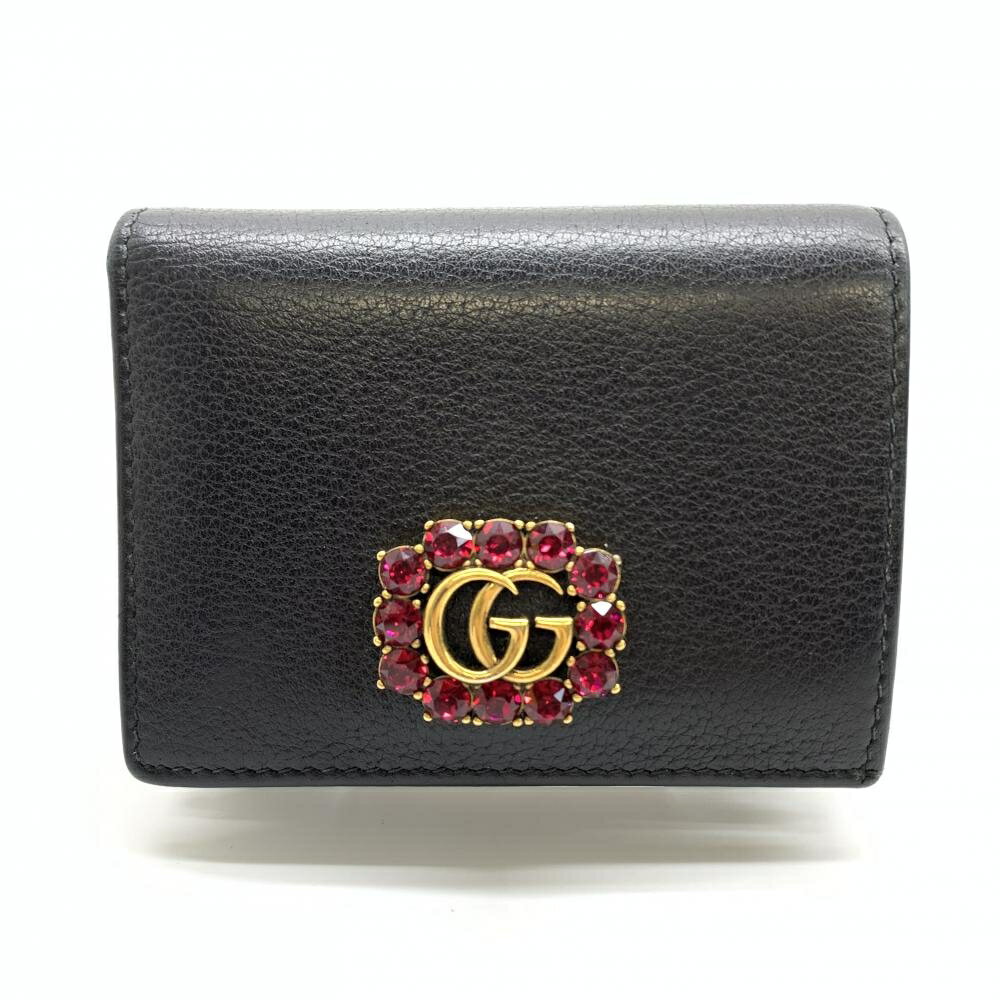 グッチ 革二つ折り財布 レディース GUCCI グッチ 499783 GGマーモント ラインストーン ビジュー 二つ折り財布 レザー ブラック 黒 レッド レディース 管理RT37465