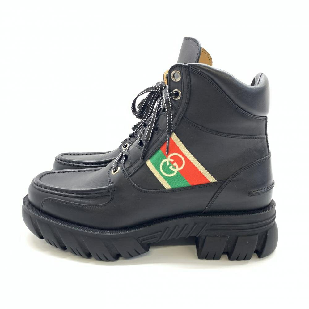 GUCCI グッチ 663368 インターロッキングG レースアップ アンクルブーツ GG レザー 黒 ブラック メンズ サイズ10（29cm） 靴 管理RT39585
