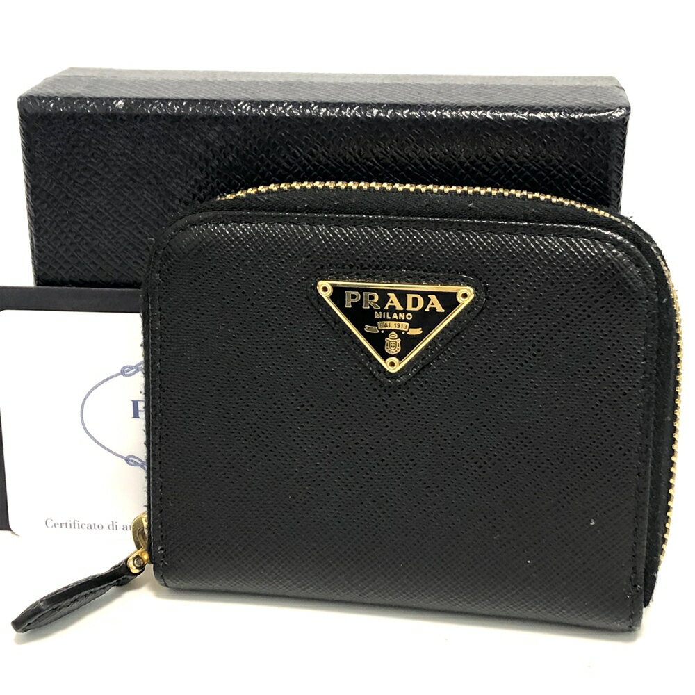 プラダ【PRADA】コインケース 財布 サフィアーノ コンパクトウォレット レディース 黒 ブラック 1MM268 USED：AB【かんてい局亀有店】