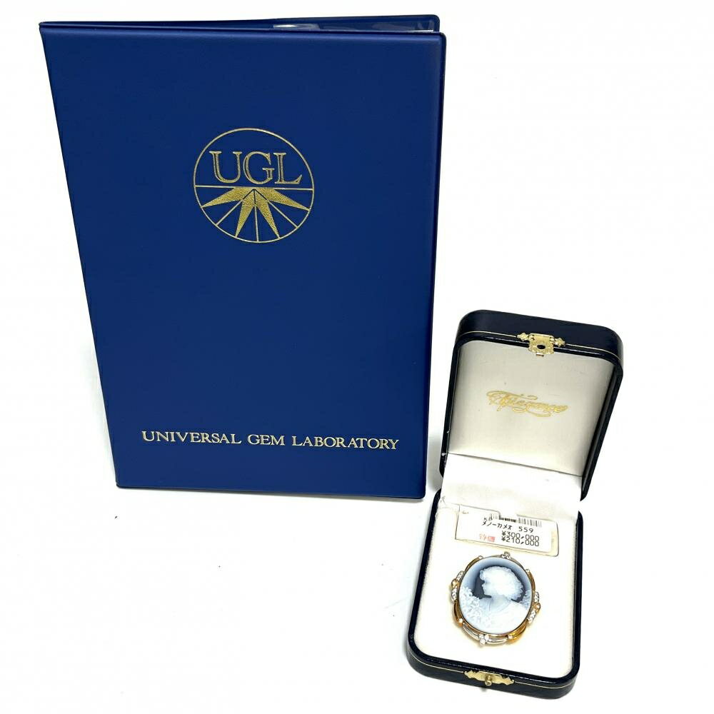 メノーカメオ ブローチ カルセドニー K18+PT900コンビ 天然ダイヤモンド ペンダントトップ 16.62g ブルー系 宝石鑑別書(UGL) 17564