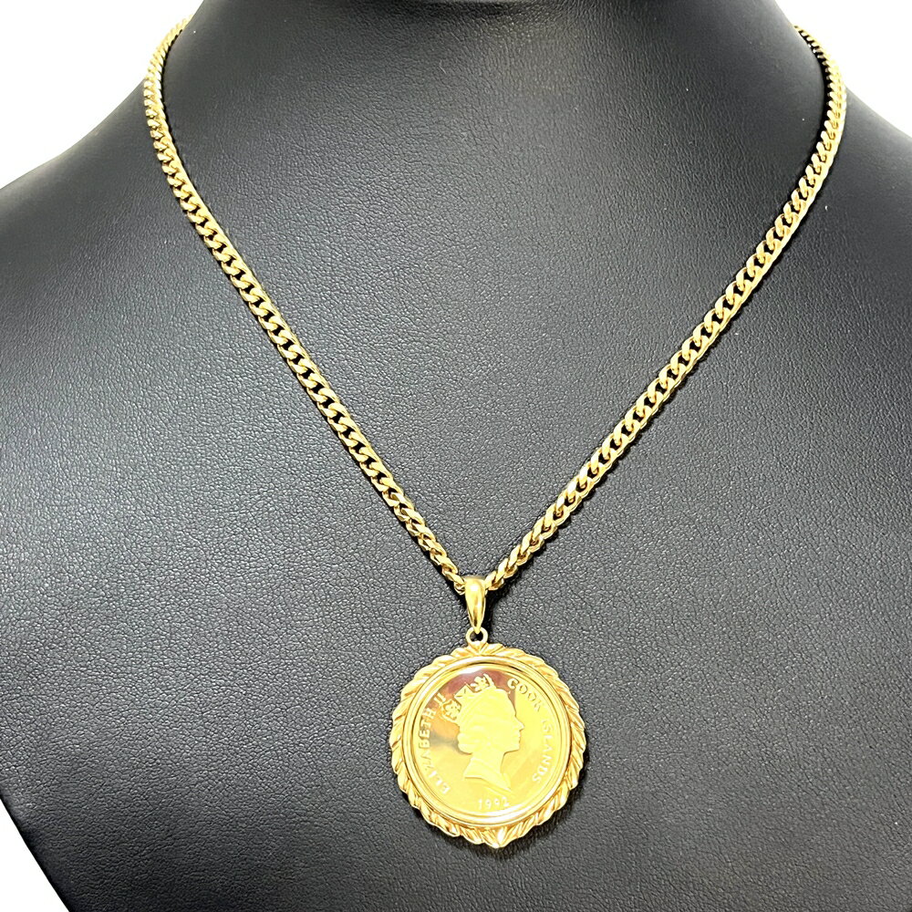 K18 YG ネックレス 長さ約40cm(留め具含まず)金貨 パピヨン犬 エリザベス24金 純金 1/5オンス トップ 総重量34.3g(ガラス含む) 【中古】