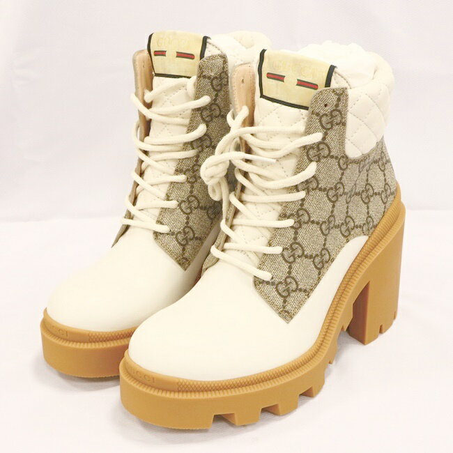 【未使用品】グッチ【GUCCI】659691 GGウィメンズ アンクルブーツ 37サイズ(GUCCI公式HPより 日本サイズ24cm)レザー/キャンバス グレージュ/ホワイト レディース/女性 ギフト プレゼント 贈り物【中古】hのサムネイル