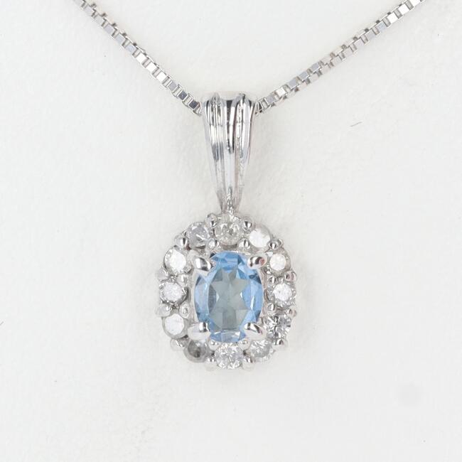 K14WG 青色石・ダイヤモンドネックレス　D0.12ct 約40cm/約1.6g レディース/女性 ダイヤモンド メレダイヤ ホワイトゴールド ギフト プレゼント ジュエリー【中古】hのサムネイル